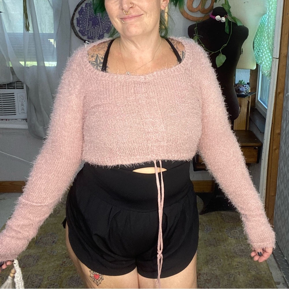 FCT Y2K Pink Fuzzy Crop Sweater Adjustable Length Size Small